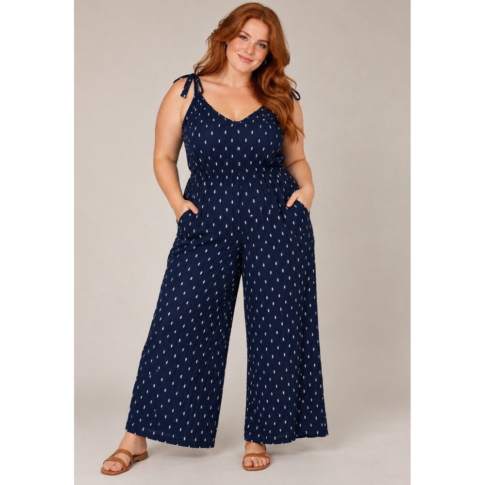 Athleta Women’s Size 4 Navy Blue White Embroidered Wide Leg Jumpsuit Boho